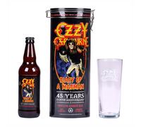 500ml Ozzy Osbourne Asylum Amber Ale (4.3% ABV), branded glass and 45th Anniversary “Diary of a Madman” collectable tin