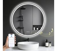 500mm Round-Bathroom-Mirror-with-LED-Lights and Bluetooth, Illuminated Wall Mounted Smart Mirror with Anti-Fog, Touch, 3 Colors Dimmable, Memory Function, LED-Bathroom-Mirror with Black Metal Frame
