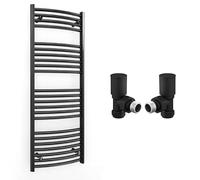 500mm Wide Curved Black Radiator Bathroom Towel Rail Radiator For Central Heating Bathroom Heated Towel Rail (500 x 1200 mm (h), With Black Angled Valves)