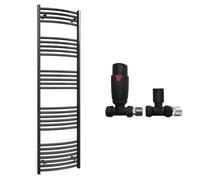500mm Wide Curved Black Radiator Bathroom Towel Rail Radiator For Central Heating Bathroom Heated Towel Rail (500 x 1600 mm (h), With TRV Black Straight Valves)