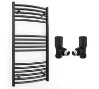 500mm Wide Curved Black Radiator Bathroom Towel Rail Radiator For Central Heating Bathroom Heated Towel Rail (500 x 900 mm (h), With Black Angled Valves)