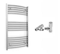 500mm Wide Curved Chrome Heated Bathroom Towel Rail Radiator With Valves For Central Heating UK (With Angled Valves, 500 x 900 mm (h))