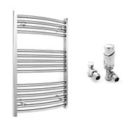 500mm Wide Curved Chrome Heated Bathroom Towel Rail Radiator With Valves For Central Heating UK (With TRV Angled Valves, 500 x 800 mm (h))