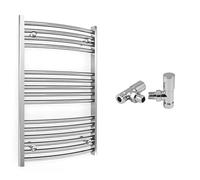 500mm Wide Curved Chrome Heated Bathroom Towel Rail Radiator With Valves For Central Heating UK (With Angled Valves, 500 x 800 mm (h))