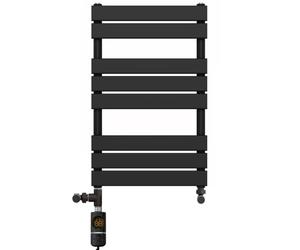500mm Wide Flat Panel Matt Black Dual Fuel Electric Heated Towel Rail Radiator For Bathroom Designer Wide (Thermostatic AF Electric Element, 500 x 800mm (h))