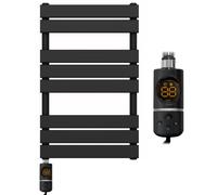 500mm Wide Flat Panel Matt Black Electric Pre-Filled Heated Towel Rail Radiator For Bathroom Designer Wide (Thermostatic AF Electric Element, 500mm wide x 800mm high)