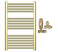 500mm Wide Shiny Gold Heated Bathroom Towel Rail Radiator With Valves For Central Heating UK (With TRV Valves, 500 x 800 mm (h))