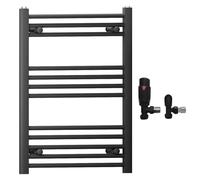 500mm Wide Straight Black Heated Bathroom Towel Rail Radiator With Valves For Central Heating UK (With Black Angled TRV Valves, 500 x 700mm (h))