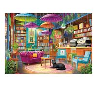 500pc Adult Jigsaw Puzzle, Cozy Book Cafe Library Black Cat, Letters on Back,20.5x15 Inch