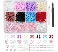 500pcs 3D Nail Charms & Art Brushes, Assorted Color Multi Shapes Bow Heart Star Moon Pearl Nail Rhinestones Gems Diamonds with Pickup Tool
