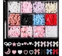 500pcs 3D Nail Charms, Assorted Color Multi Shapes Mix Bow Nail Charms Cute Pearl Heart Star Moon Bowknot Rhinestones Gems Nail Decorations with Pickup Tool for Women Girls Nail DIY Accessories