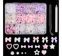 500pcs 3D Nail Charms, Multicolor Mix Shapes Bow Art Nail Charms Heart Pentagram Pearl Nail Star Gems Charms Resin Decorations with Tweezers Pickup Tool DIY Jewelry Gift Accessories for Girls Women