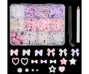 500pcs 3D Nail Charms, Multicolor Mix Shapes Bow Art Nail Charms Heart Pentagram Pearl Nail Star Gems Charms Resin Decorations with Tweezers Pickup Tool DIY Jewelry Gift Accessories for Girls Women