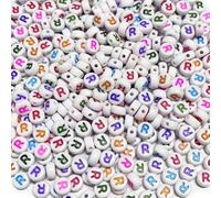 500PCS 4x7mm Acrylic Letter Beads R for Friendship Bracelets Jewelry Making, White Flat Round Acrylic with Colourful Alphabet Beads for DIY Crafts Bracelets Necklaces Key Chains Phone Lanyard