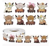 500Pcs Cute Highland Cow Roll Sticker Western Cattle Stickers for Kids Bottle Cartoon Animal Paper Decals 8 Designs Self-Adhesive Stickers for Envelopes Scrapbook Gifts DIY Supplies