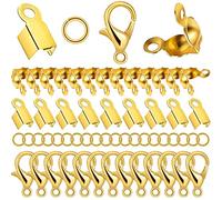 500Pcs DIY Jewelry Making Accessories Set, 150 Crimp Beads Knot Covers, 150 Clamshell Fold Over Cord Ends, 150 Open Jump Rings, 50 Lobster Claw Clasps for Pendants Bracelet Necklace Crafts(Gold)