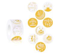 500pcs Gold Foil Ramadan Stickers, 1in Eid Mubarak Sticker Roll 9 Patterns Ramadan Labels for Gift Tag Greeting Cards Envelope Muslim Party Decorations