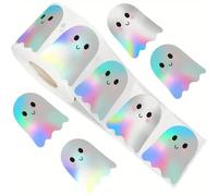 500PCS Holographic Ghost-Shaped Halloween Sticker Roll, Shiny Seal Decals | These rainbow holographic ghost stickers feature shimmering finish,decorating treat bags and festive handmade craft projects.