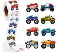 500PCS Monster Truck Stickers Roll - 1" Self-Adhesive Racing Theme Truck Labels 8 Patterns Fun Off-Road Car Stickers Decals for Kids Boys Girls Reward Scrapbook DIY Craft