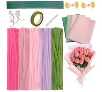 500Pcs Pipe Cleaners for Craft Flowers, Pink Pipe Cleaners for Tulip Bouquet, 30cm Chenille Stems with Stamens, Floral Tape for DIY, Handmade Gifts, Holiday and Home Decorations with Tutorial