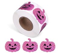 500pcs Purple Halloween Pumpkin Face Stickers Roll, 1x1.1in Sparkly Laser Cut Glitter Smiling Pumpkin Shaped Waterproof Decorating Stickers for Kids Adults & DIY Decor Decorations