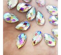 500x 13mm Flat Back Rhinestone Small Medium Teardrop Large AB Bead Acrylic Diamante Gem Crystal Clear Jewel Pear Tear Drop Rhinestones Cabochon Glue on Iridescent Silver Backed Embellishment Nail Art
