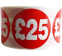 500x £25 RED Sign SELF Adhesive Stickers Sticky Labels Swing Labels for Retail Price Display (1 ROLL X 500 Sticker)