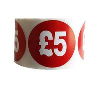 500x £5 RED Sign SELF Adhesive Stickers Sticky Labels Swing Labels for Retail Price Display (1 ROLL X 500 Sticker)