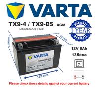 508012008 Varta Powersports AGM Motorcycle Battery TX9-4 TX9-BS 508012014