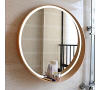 50cm 60cm 70cm LED Round Bathroom Mirror With Wood Frame, Circle Framed Vanity Mirror, Vintage Wall Mirror For Living Room Hallway Bedroom, Large Make Up Mirror ( Color : Wood color , Size : 70CM )