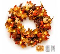50cm Autumn Door Wreath, Artificial Autumn Maple Leaf Wreath for Front Door and Indoor Christmas Large Harvest Wreath Decorations with Pumpkin and Berry for Halloween, Thanksgiving (With LED Light)