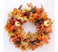 50cm Autumn Wreath Artificial Rattan Garland with Pumpkin, Berries, Pine Cones and Maple Leaves for Front Door Thanksgiving Halloween Christmas Decor