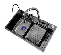 50cm Black Cascade Kitchen Sink - Single Bowl Stainless Steel with Pull-Down Faucet Glass Drain & Workstation (80x22cm) - Ideal for Modern Home Kitchens