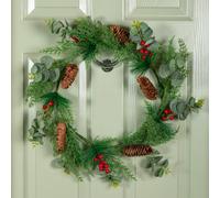 50cm Hanging Christmas Eucalyptus Wreath with Red Berries and Pinecones