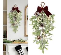 50cm Large Artificial Mistletoe Decor with Red Velvet Bow, Holiday Kissing Hanging Ornament Christmas Teardrop Swag Wreath with Pinecones White Berries for Front Door Mantle Stairs Home Decor (Green)