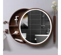 50cm Round LED Bathroom Makeup Mirror with Hidden Shelves, Walnut Color, Modern Decor for Toilets & Balconies, Stylish Lighting & Storage Solution