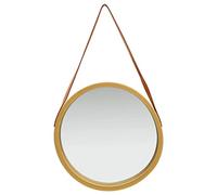 50cm Round Wall Mirror with Gold Faux Leather Belt, Paulownia Wooden Frame, Flexible Height Adjustable, Ideal for Bedroom, Living Room, Hallway and Bathroom