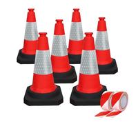 50CM Traffic Cone with 2” x 50 Meter Warning Tape, High Visibility Safety Cone with Black Base, 20 Inch PE Portable Road Cone for Street, Wind Resistant Reflective Traffic Cone (Set of 6)