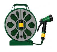 50FT Flat Garden Hose Reel with Spray Nozzle, Portable Retractable Water Hose Pipe Set with 7 Spray Patterns, Built-in Handle & Stand, Lightweight Flexible Hose for Garden, Patio & Outdoor Cleaning