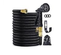 50ft Garden Hose Expandable Flexible Water Hose with 8 Function Spray Nozzle and Holder, Retractable Irrigation Lightweight & No-Kink Leakproof Hose Water Pipe, 3/4 inch Solid Brass Fitting (Black)