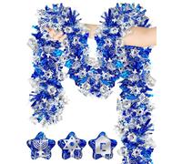 50FT Hanukkah Tinsel Garland Decorations with Blue & Silver Menorah, Star of David, Dreidel Tinsel Garland for Hanukkah Indoor Outdoor Chanukah Decorations for Home Party Supplies Holiday Decor