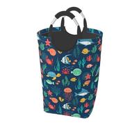 50l Collapsible Laundry Basket Waterproof Oxford Fabric Laundry Hamper With Soft Padded Handles, For Bedroom, Bathroom, Dorm, Laundry Room Ocean Fish Turtle Jellyfish