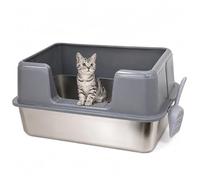 50L Extra Large Cat Litter Box, Stainless Steel with High Sides Prevents Spills, Easy-Clean Non-Stick Surface, Secure Locking Lid, Anti-Skid Pads, for Big, Fat or Multi-Cat Households (grey)