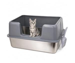 50L Extra Large Cat Litter Box, Stainless Steel with High Sides Prevents Spills, Easy-Clean Non-Stick Surface, Secure Locking Lid, Anti-Skid Pads, for Big, Fat or Multi-Cat Households (grey)