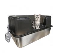 50L Large Stainless Steel Cat Litter Box, 30cm High Sides Anti-Leakage & Non-Stick Surface, Rustproof Odorless Easy Clean, No-Slip Bottom for Multiple Cats or Large Breeds (black)