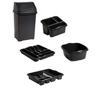 50L Liter Swing Waste BIN 5PC PCS Set Dish Drainer Cutlery Tray Tidy Washing UP Bowl Sink Tidy Kitchen Set (Mid Night Black)