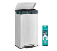 SONGMICS Kitchen Bin, 13 Gallon (50 L) Waste Bin with Pedal, Soft-Close Lid, and Removable Inner Bucket, Steel, 15 Rubbish Bags (Code K) Included, Cloud White LTB586WZ02