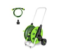 50M Garden Hose Trolley with Hosepipe |48.5m Water Pipe + 1.5m Leader Hose | Spray Gun | Rewind Handle | Tap Connectors | Wheels | Freestanding | Car