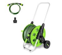 50M Garden Hose Trolley with Hosepipe |48.5m Water Pipe + 1.5m Leader Hose | Spray Gun | Rewind Handle | Tap Connectors | Wheels | Freestanding | Car Pressure Washer Compatible