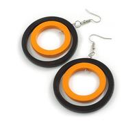 50mm D/Black/Orange Double Circle Wood Hoop Earrings - 75mm Long